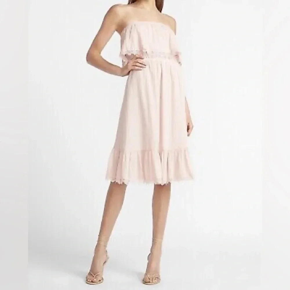 Express Strapless Blush Lace Trim Midi Dress XS